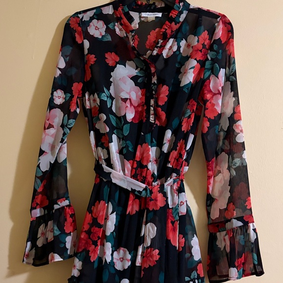Calvin Klein Floral Long Sleeve Dress - Black and Red - Picture 8 of 8